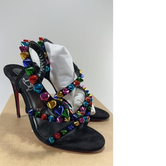 Black Rainbow Multi 100mm Spike Spikita Studded Suede Sandals E536 - Picture 2 of 12